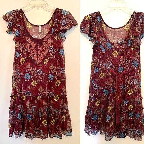 Free People Sheer Tunic Dress Floral 4 Small Flutter sleeve Festival Feminine - Picture 6 of 9